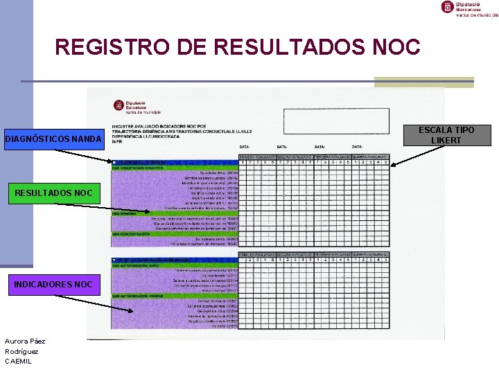 REGISTRO DE RESULTADOS NOC DIAGNÓSTICOS NANDA RESULTADOS NOC INDICADORES NOC Aurora Páez Rodríguez CAEMIL