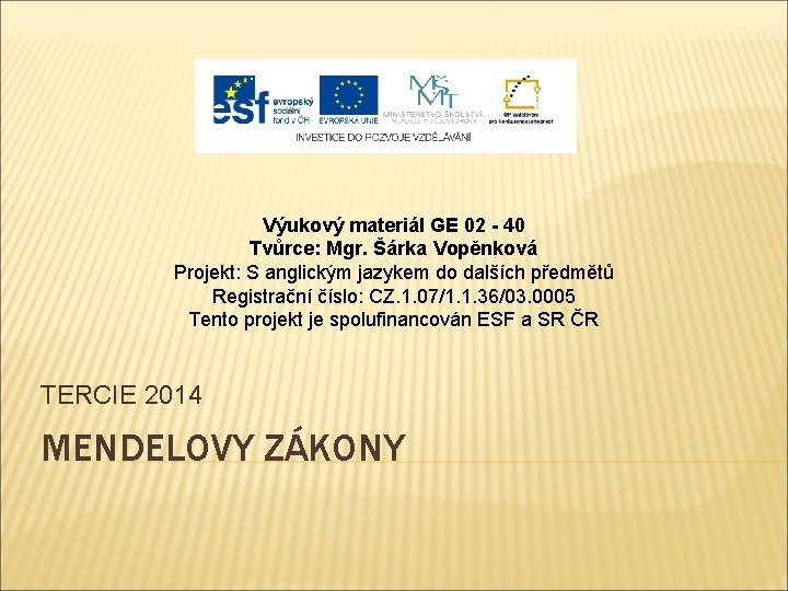 Výukový materiál GE 02 - 40 Tvůrce: Mgr. Šárka Vopěnková Projekt: S anglickým jazykem