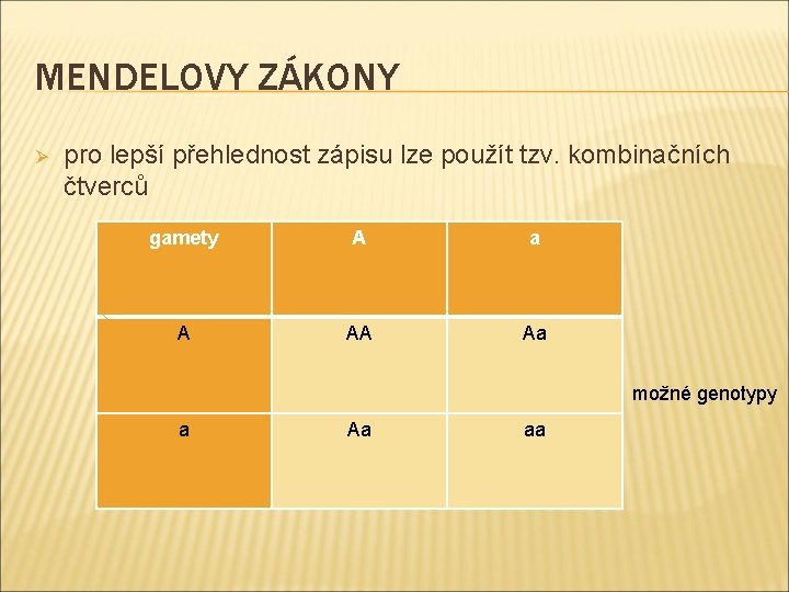 MENDELOVY ZÁKONY Ø pro lepší přehlednost zápisu lze použít tzv. kombinačních čtverců gamety A