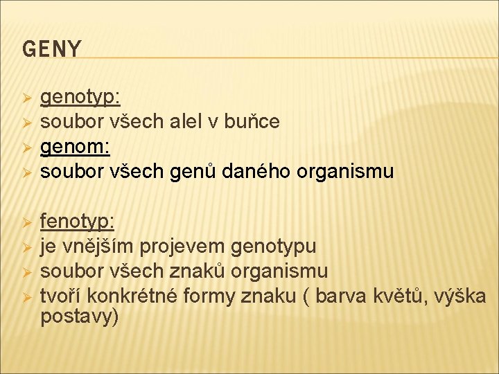 GENY Ø Ø Ø Ø genotyp: soubor všech alel v buňce genom: soubor všech