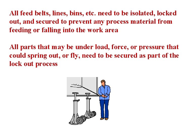 All feed belts, lines, bins, etc. need to be isolated, locked out, and secured