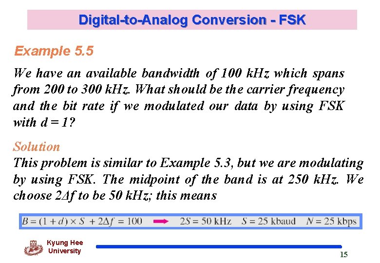 Digital-to-Analog Conversion - FSK Example 5. 5 We have an available bandwidth of 100