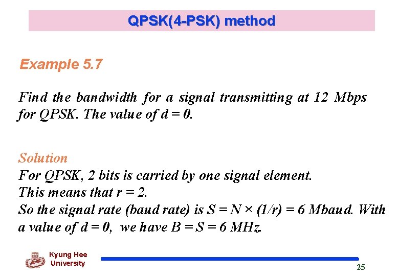 QPSK(4 -PSK) method Example 5. 7 Find the bandwidth for a signal transmitting at