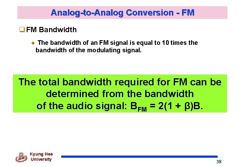 Analog-to-Analog Conversion - FM q. FM Bandwidth The bandwidth of an FM signal is