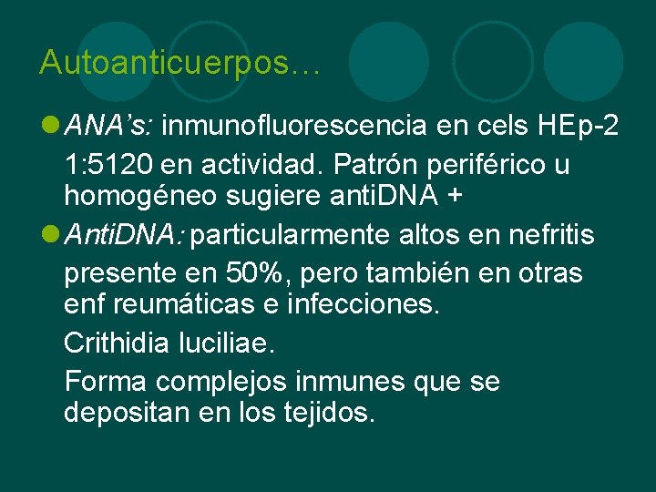 Autoanticuerpos… l ANA’s: inmunofluorescencia en cels HEp-2 1: 5120 en actividad. Patrón periférico u