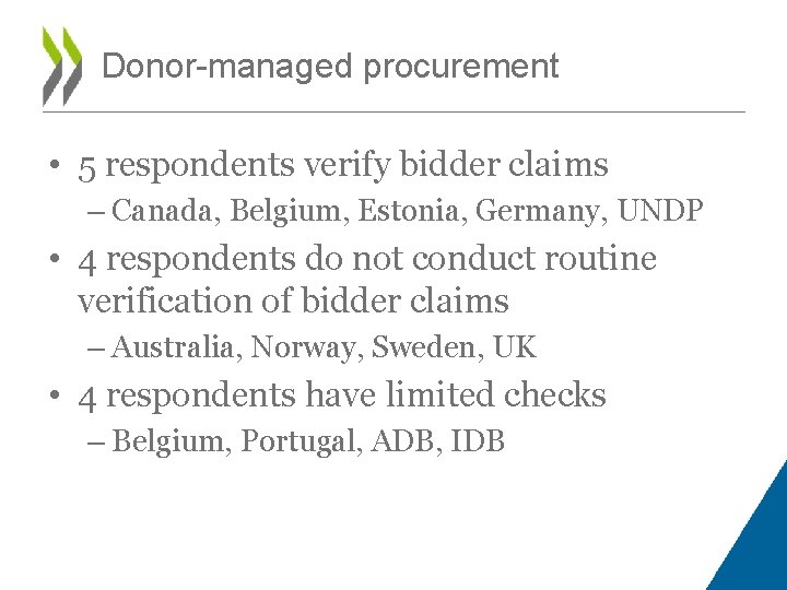 Donor-managed procurement • 5 respondents verify bidder claims – Canada, Belgium, Estonia, Germany, UNDP