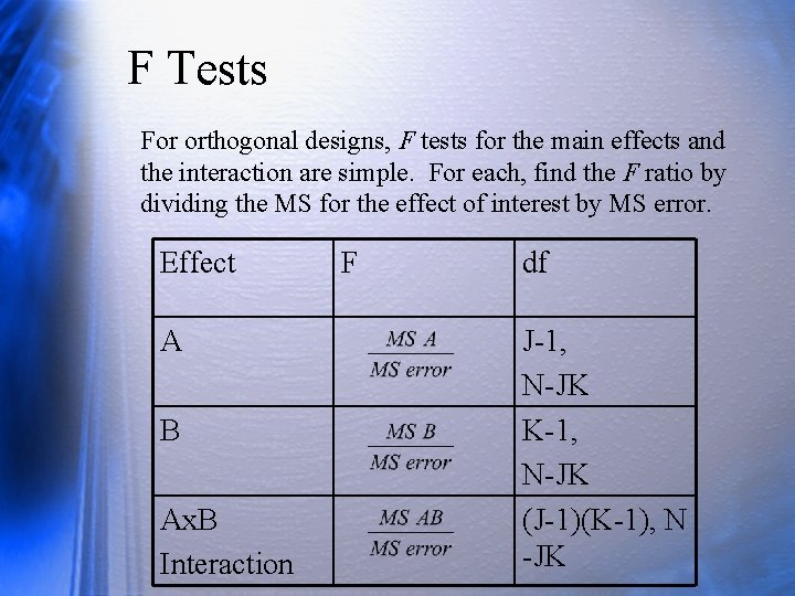 F Tests For orthogonal designs, F tests for the main effects and the interaction