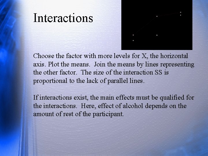 Interactions Choose the factor with more levels for X, the horizontal axis. Plot the