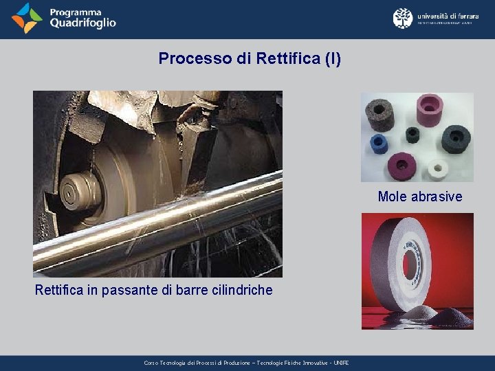 Processo di Rettifica (I) Mole abrasive Rettifica in passante di barre cilindriche Corso Tecnologia Processo di Rettifica (I) Mole abrasive Rettifica in passante di barre cilindriche Corso Tecnologia