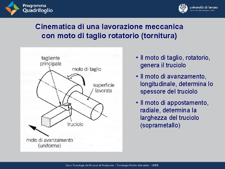 Cinematica di una lavorazione meccanica con moto di taglio rotatorio (tornitura) • Il moto Cinematica di una lavorazione meccanica con moto di taglio rotatorio (tornitura) • Il moto