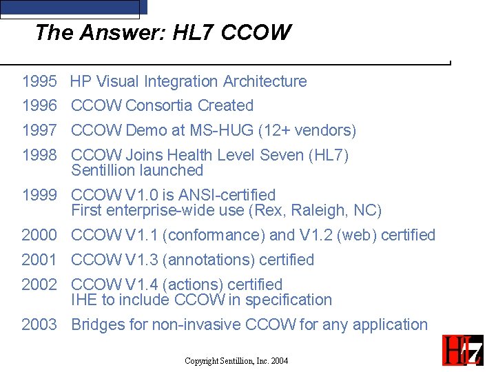The Answer: HL 7 CCOW 1995 HP Visual Integration Architecture 1996 CCOW Consortia Created