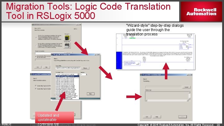 Migration Tools: Logic Code Translation Tool in RSLogix 5000 “Wizard-style” step-by-step dialogs guide the
