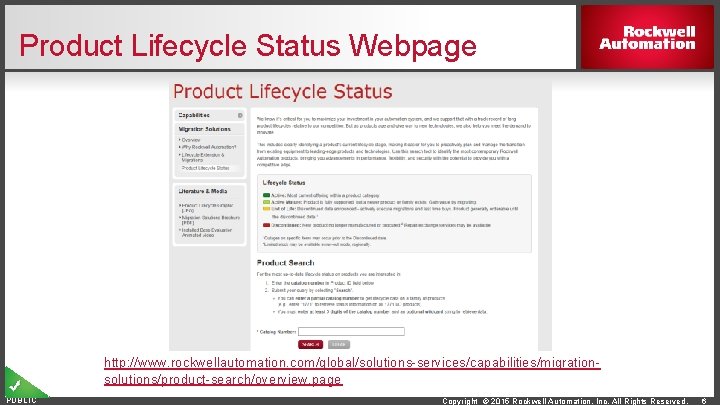 Product Lifecycle Status Webpage http: //www. rockwellautomation. com/global/solutions-services/capabilities/migrationsolutions/product-search/overview. page PUBLIC Copyright © 2015 Rockwell