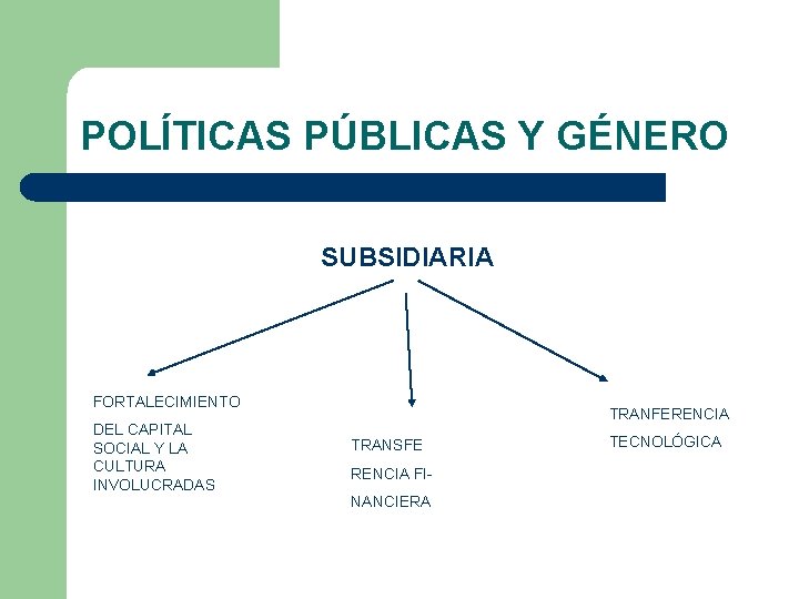 POLÍTICAS PÚBLICAS Y GÉNERO SUBSIDIARIA FORTALECIMIENTO DEL CAPITAL SOCIAL Y LA CULTURA INVOLUCRADAS TRANFERENCIA
