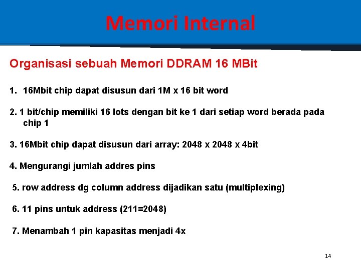 Memori Internal Organisasi sebuah Memori DDRAM 16 MBit 1. 16 Mbit chip dapat disusun