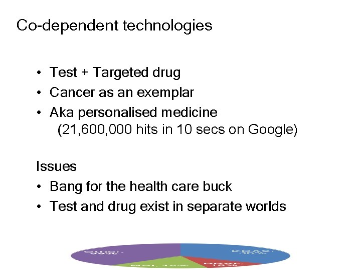 Co-dependent technologies • Test + Targeted drug • Cancer as an exemplar • Aka