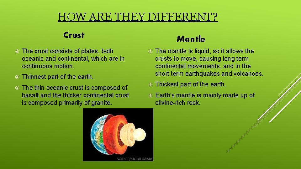 HOW ARE THEY DIFFERENT? Crust The crust consists of plates, both oceanic and continental,