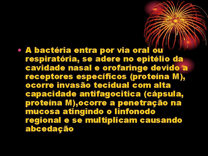  • A bactéria entra por via oral ou respiratória, se adere no epitélio