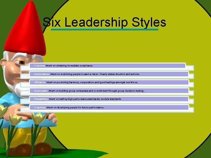 Six Leadership Styles Coercive: Intent on obtaining immediate compliance. Authoritative: Intent on mobilizing people Six Leadership Styles Coercive: Intent on obtaining immediate compliance. Authoritative: Intent on mobilizing people