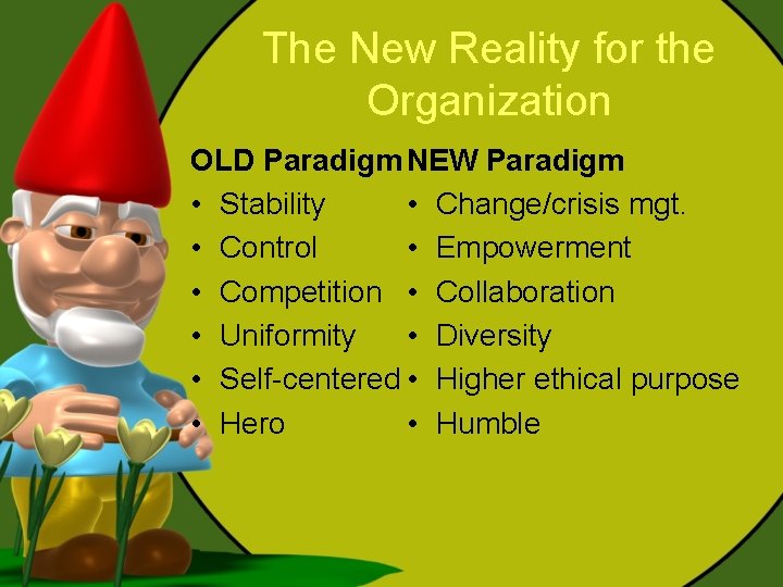 The New Reality for the Organization OLD Paradigm NEW Paradigm • Stability • Change/crisis