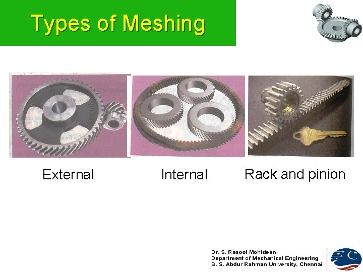 Types of Meshing External Internal Rack and pinion Types of Meshing External Internal Rack and pinion