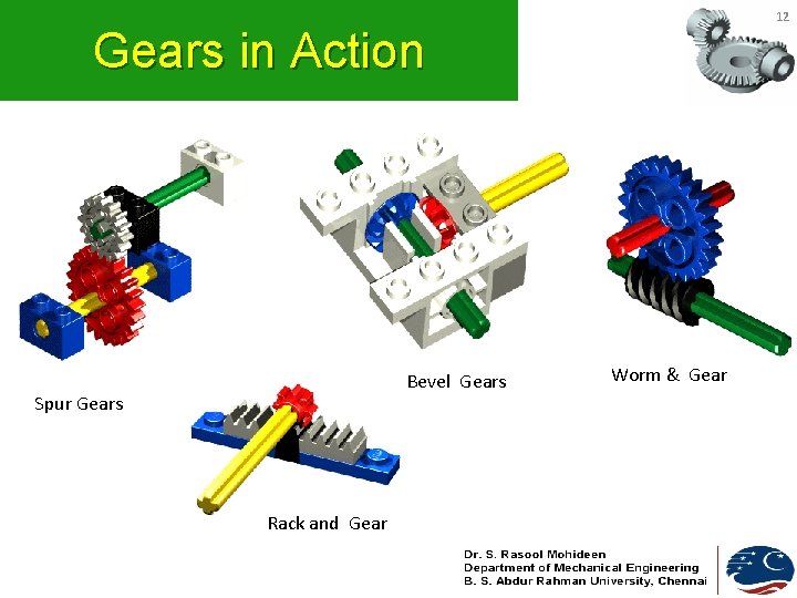 12 Gears in Action Bevel Gears Spur Gears Rack and Gear Worm & Gear 12 Gears in Action Bevel Gears Spur Gears Rack and Gear Worm & Gear
