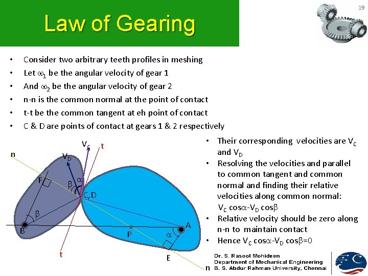19 Law of Gearing • • • Consider two arbitrary teeth profiles in meshing 19 Law of Gearing • • • Consider two arbitrary teeth profiles in meshing