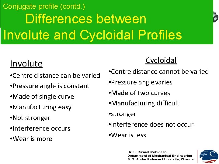 Conjugate profile (contd. ) Differences between Involute and Cycloidal Profiles Involute • Centre distance Conjugate profile (contd. ) Differences between Involute and Cycloidal Profiles Involute • Centre distance