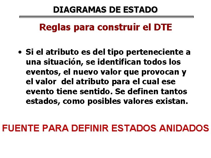 DIAGRAMAS DE ESTADO Reglas para construir el DTE • Si el atributo es del DIAGRAMAS DE ESTADO Reglas para construir el DTE • Si el atributo es del