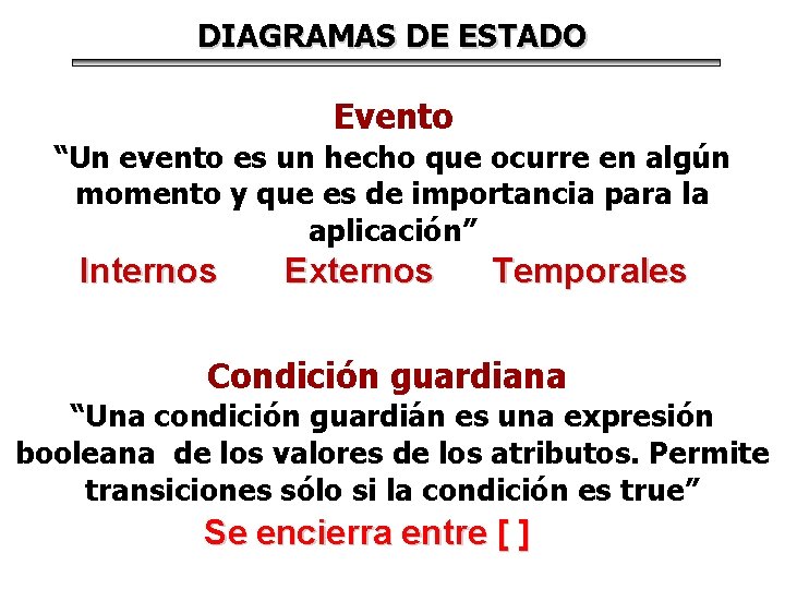 DIAGRAMAS DE ESTADO Evento “Un evento es un hecho que ocurre en algún momento DIAGRAMAS DE ESTADO Evento “Un evento es un hecho que ocurre en algún momento