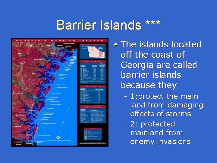 Barrier Islands *** The islands located off the coast of Georgia are called barrier Barrier Islands *** The islands located off the coast of Georgia are called barrier