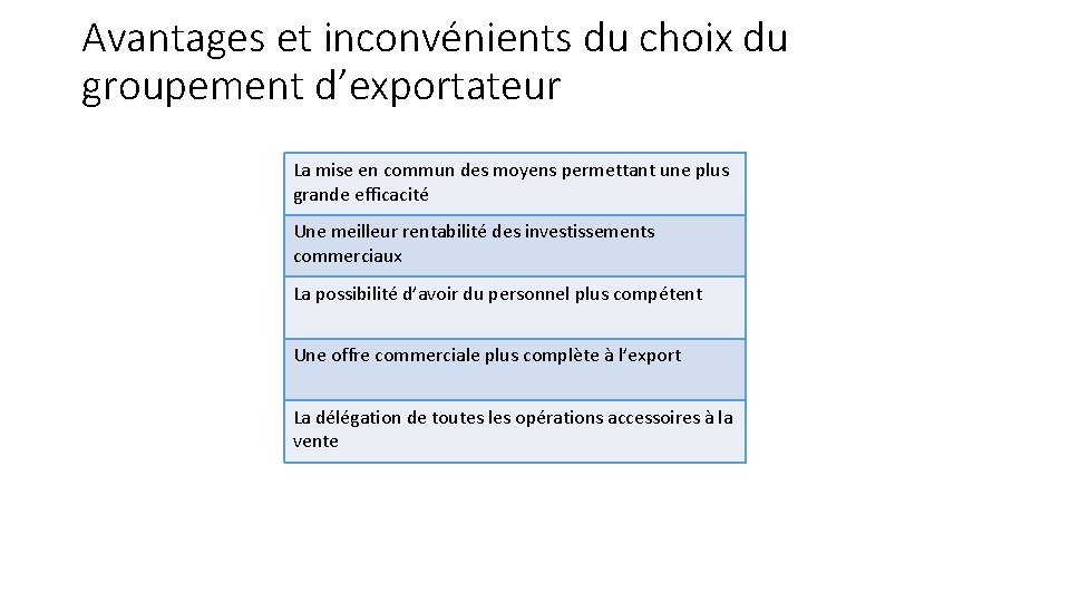 Avantages et inconvénients du choix du groupement d’exportateur La mise en commun des moyens