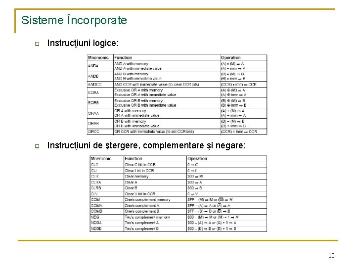 Sisteme Încorporate q Instrucţiuni logice: q Instrucţiuni de ştergere, complementare şi negare: 10 