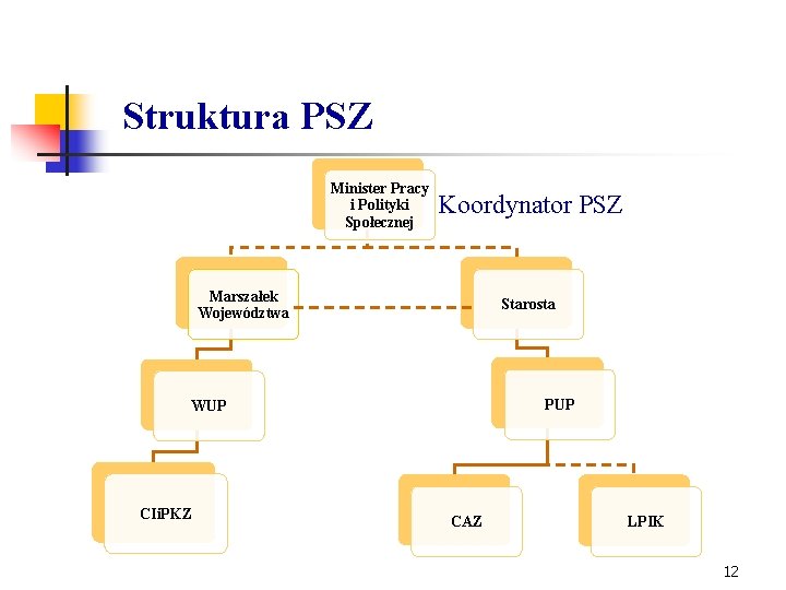 Struktura PSZ Minister Pracy i Polityki Społecznej Koordynator PSZ Marszałek Województwa Starosta PUP WUP