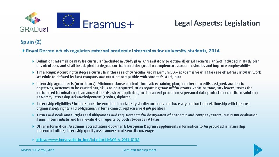 Legal Aspects: Legislation Spain (2) Royal Decree which regulates external academic internships for university