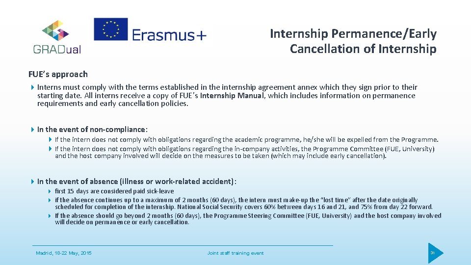 Internship Permanence/Early Cancellation of Internship FUE’s approach Interns must comply with the terms established