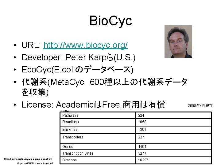 Bio. Cyc • • URL: http: //www. biocyc. org/ Developer: Peter Karpら(U. S. )