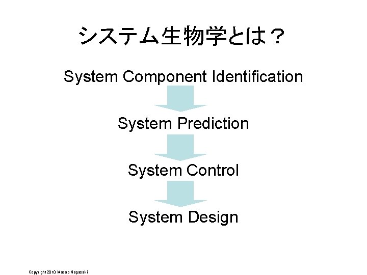 システム生物学とは？ System Component Identification System Prediction System Control System Design Copyright 2010 Masao Nagasaki