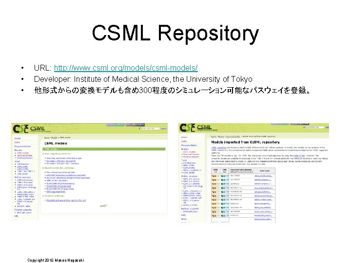 CSML Repository • • • URL: http: //www. csml. org/models/csml-models/ Developer: Institute of Medical