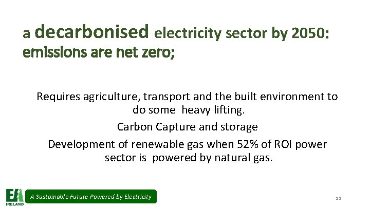 a decarbonised electricity sector by 2050: emissions are net zero; Requires agriculture, transport and