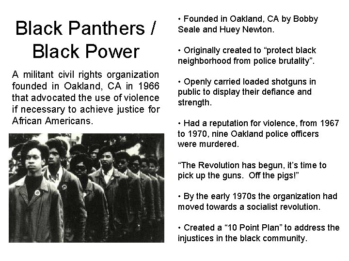 Black Panthers / Black Power A militant civil rights organization founded in Oakland, CA