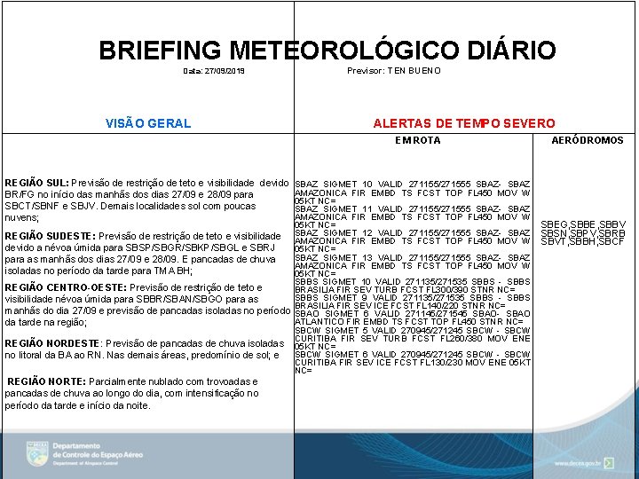  BRIEFING METEOROLÓGICO DIÁRIO Data: 27/09/2019 VISÃO GERAL Previsor: TEN BUENO ALERTAS DE TEMPO