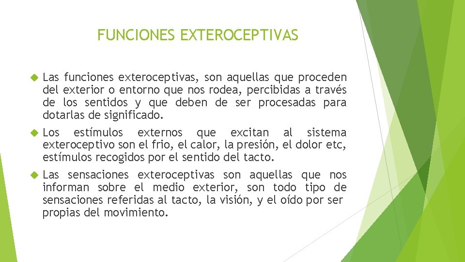 FUNCIONES EXTEROCEPTIVAS Las funciones exteroceptivas, son aquellas que proceden del exterior o entorno que