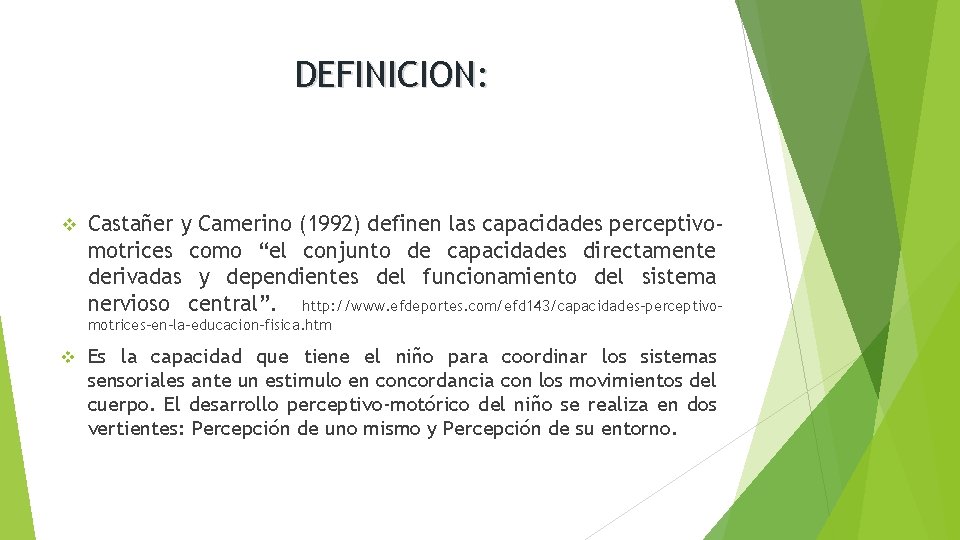 DEFINICION: v Castañer y Camerino (1992) definen las capacidades perceptivomotrices como “el conjunto de