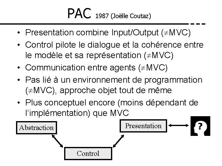 PAC 1987 (Joëlle Coutaz) • Presentation combine Input/Output ( MVC) • Control pilote le