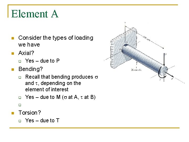 Element A n n Consider the types of loading we have Axial? q n