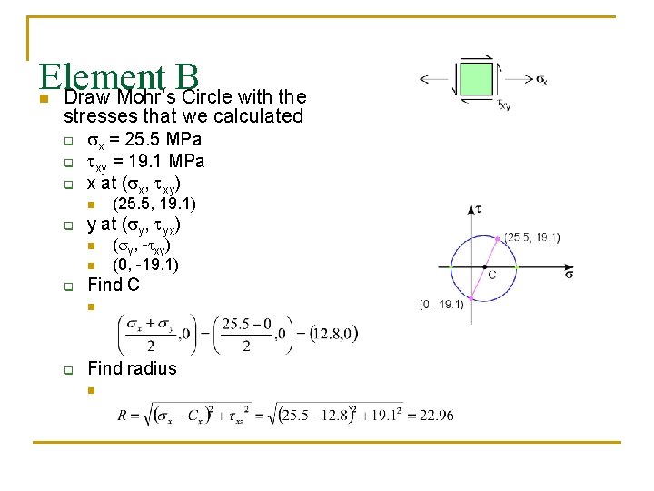 Element B Draw Mohr’s Circle with the n stresses that we calculated q q