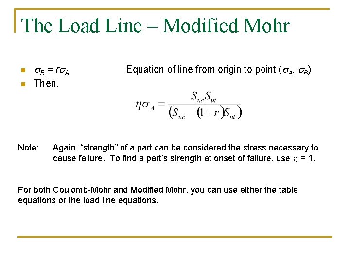 The Load Line – Modified Mohr n s B = rs A n Then,