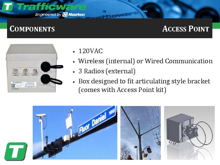 COMPONENTS ACCESS POINT • • 120 VAC Wireless (internal) or Wired Communication 3 Radios