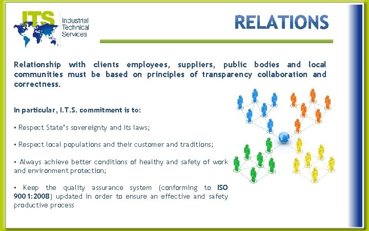 Relationship with clients employees, suppliers, public bodies and local communities must be based on